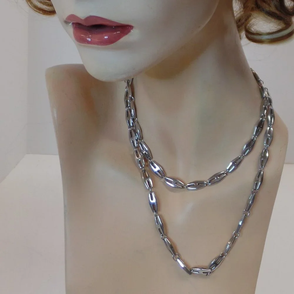Silvertone Large Link 34" Necklace Double Wrap - Picture 1 of 12